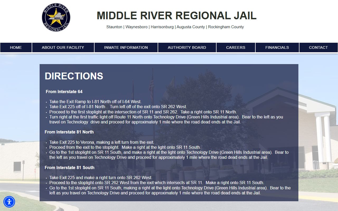 Middle River Regional Jail driving directions page