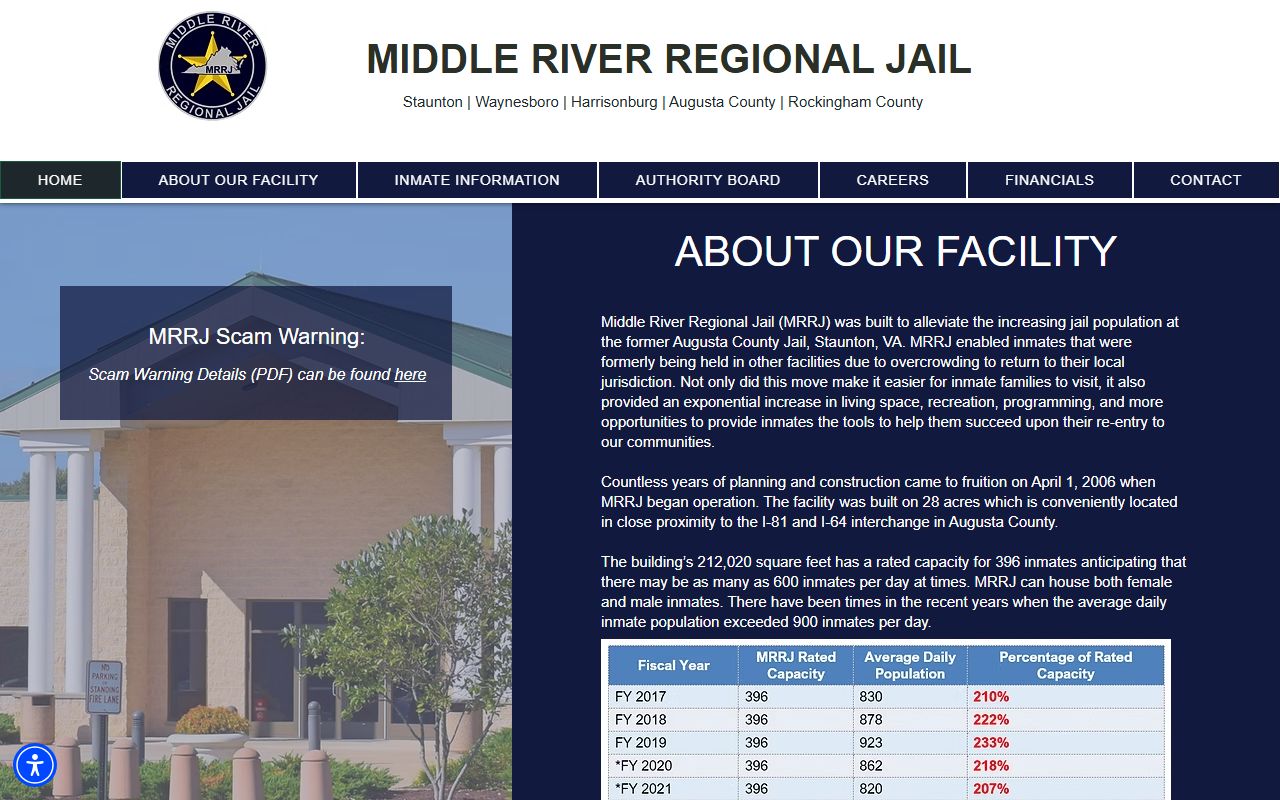 Middle River Regional Jail homepage with facility overview and contact information
