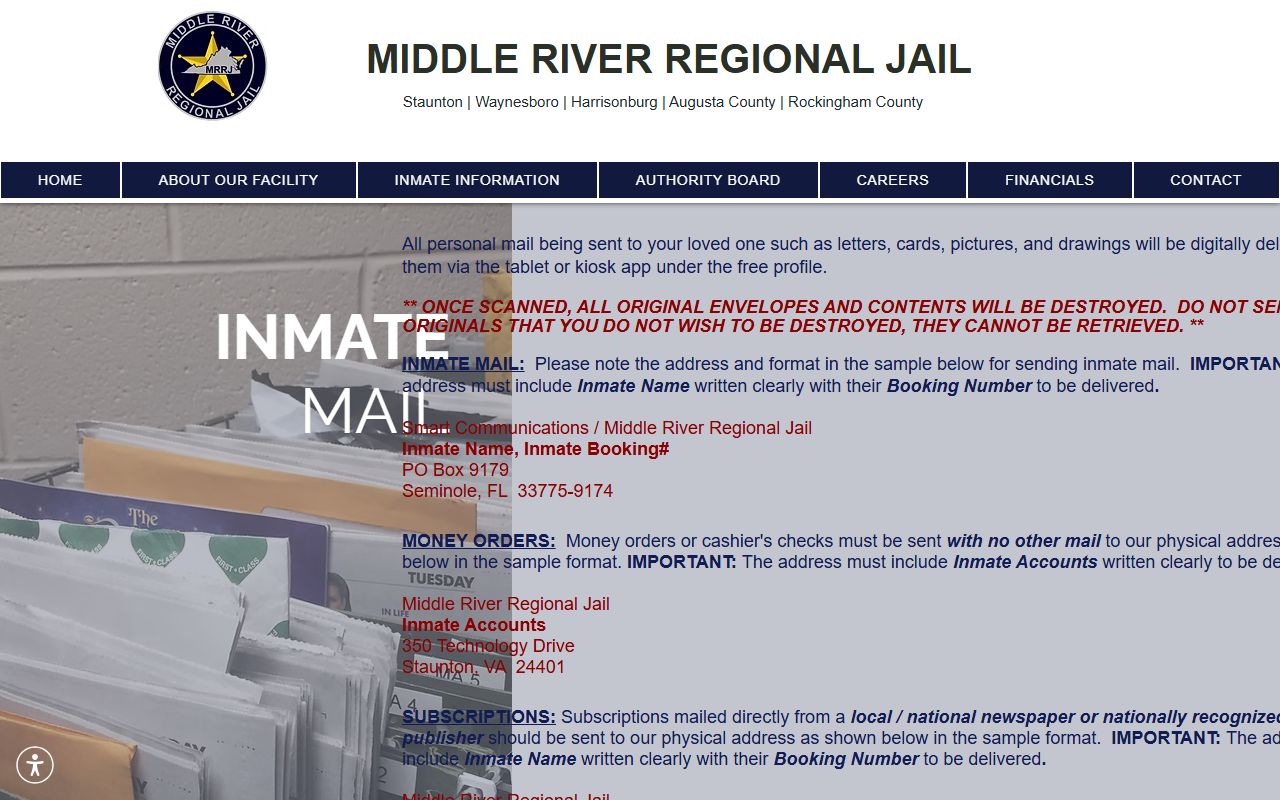 Middle River Regional Jail mail rules showing Smart Communications address
