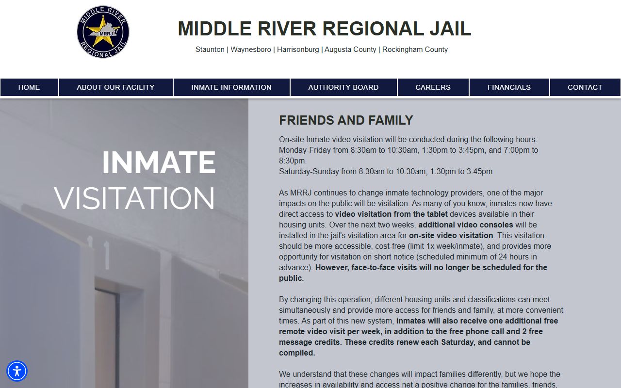 Middle River Regional Jail video visitation schedule and visitor rules