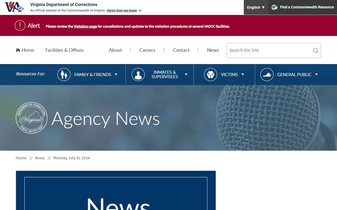 VADOC news release announcing Augusta Correctional Center closure